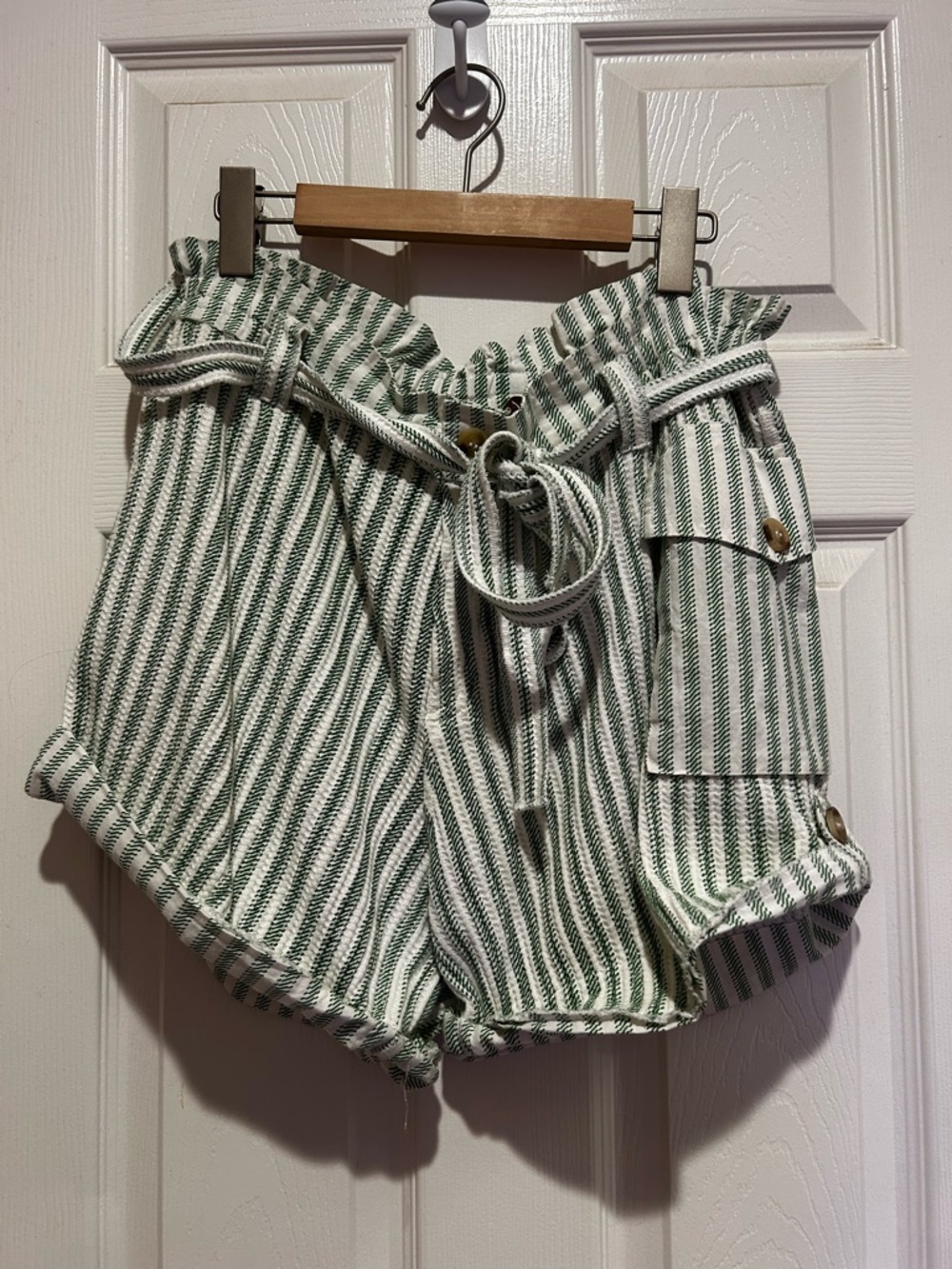 High-Rise Paperbag Striped Bermuda Shorts — Green/White